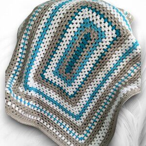 Handmade Crochet Granny Square Blanket 32 x 37 inch Teal Gray White